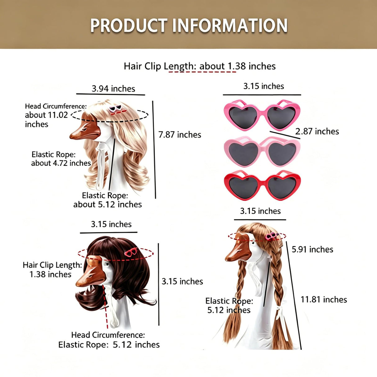 YFFSQXH 3 Styles Porch Goose Wig Set with Heart Sunglasses & Hair Clips - Themed Braid Wig Set (9 Pieces Total) for 17/23 Inch Lawn Goose Statue, Adjustable Outdoor Garden Decor