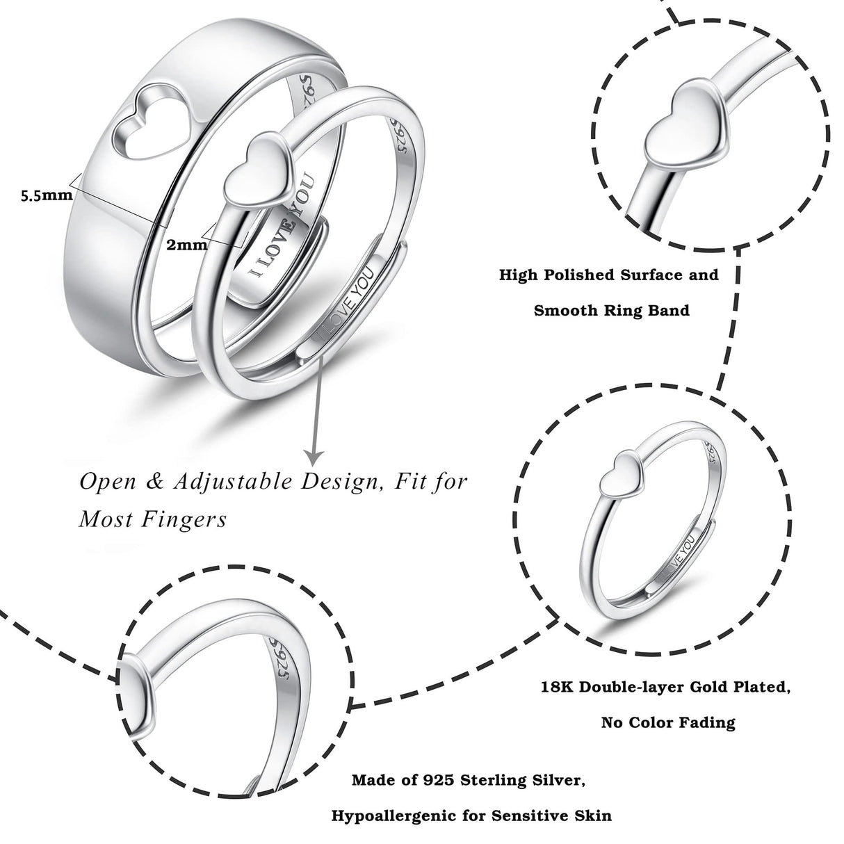 MILACOLATO Matching Rings for Couples 925 Sterling Silver Adjustable Matching Heart Promise Ring I Love You Engagement Wedding Ring for Him and Her Valentines Day Gifts