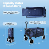 OTIATrail 300L Foldable Beach Wagon with Tailgate, 9" Flat-Free PU Wheels, Heavy Duty Utility Wagon Cart for Camping, Sports, Shopping, Garden, Outdoor, Navy Blue