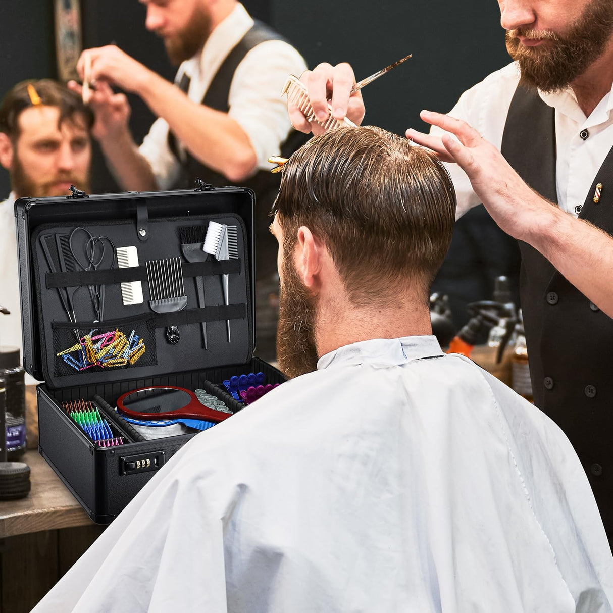 Barber Accessories Case, Profesional Barbers Briefcase Tool Case, Barber Cases for Clippers and Supplies, Hair Scissors Clippers Trimmer Organizer, Barbers Suitcase with Code Lock Black