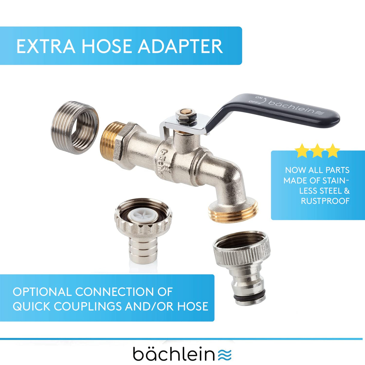 Bächlein Universal Water Tap for the Garden [Anthracite] incl. 2 Hose Connections - Noble Ball Valve with 1/2 and 3/4 Inch Connection, Outlet Tap Outside