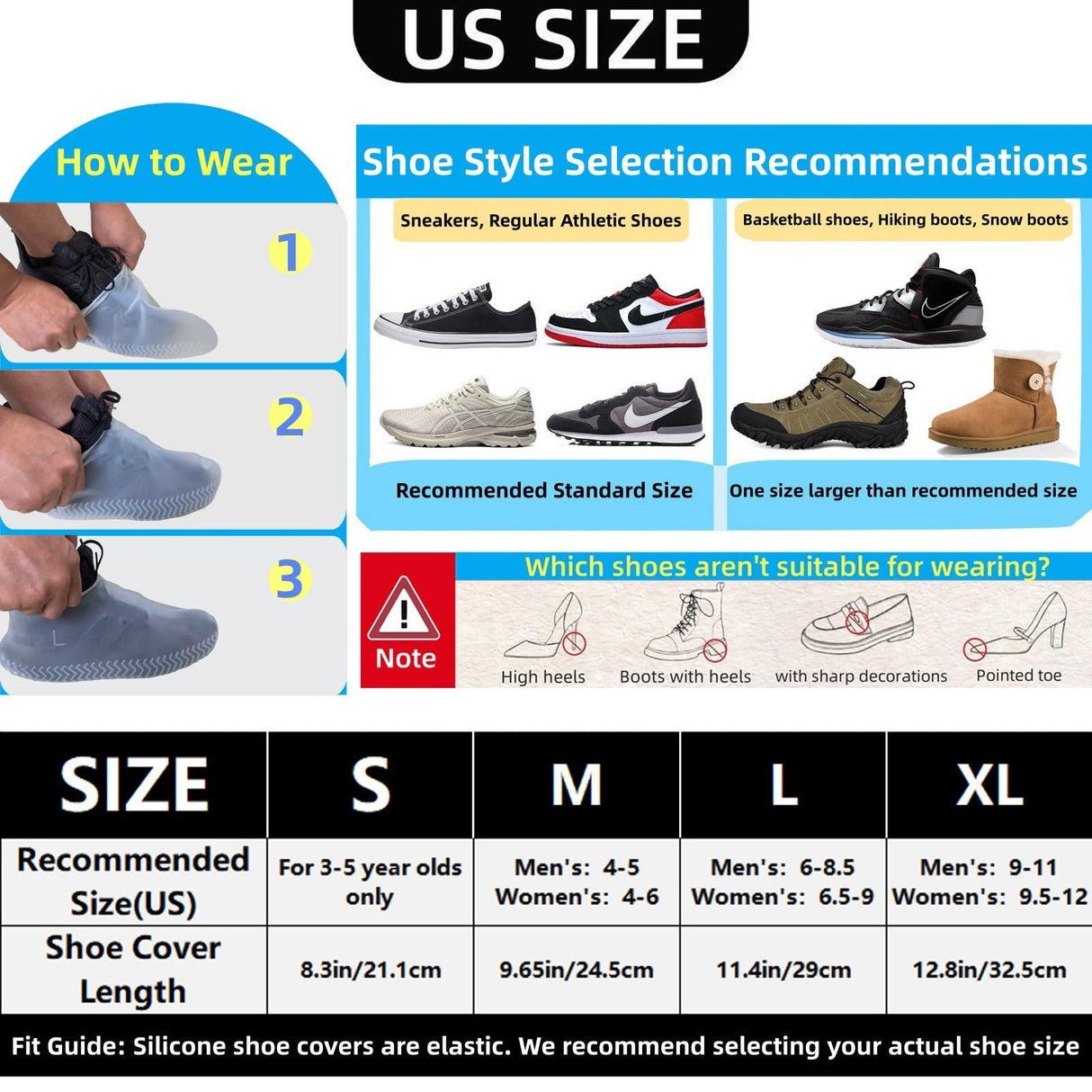 LSDWL Waterproof Shoe Covers 2 Pairs,Rain Shoe Covers Reusable Silicone Non Slip Shoe Covers for Outdoor,Rain Shoe Covers for Women and Men (Clear, X-Large)