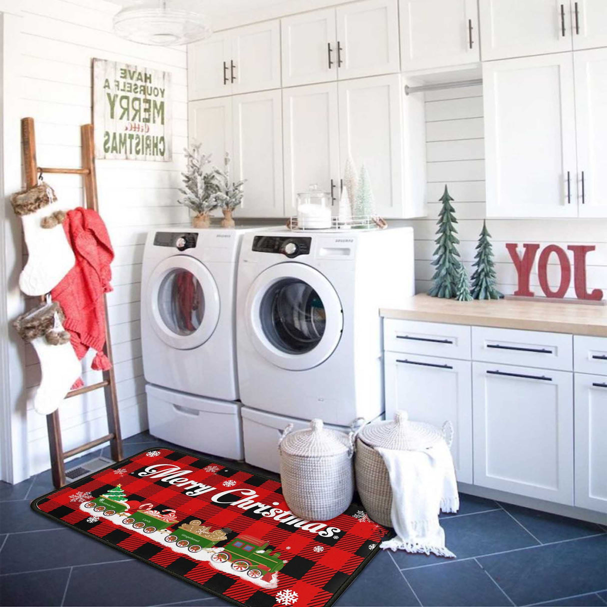 Christmas Kitchen Rugs and Mats Set (2 PCS), Merry Christmas Indoor Floor Mats Red Black Buffalo Check Plaid for Winter, Xmas Door Mat Runner Rug Mat for Kitchen Home Decor (17"x47"+17"x30")