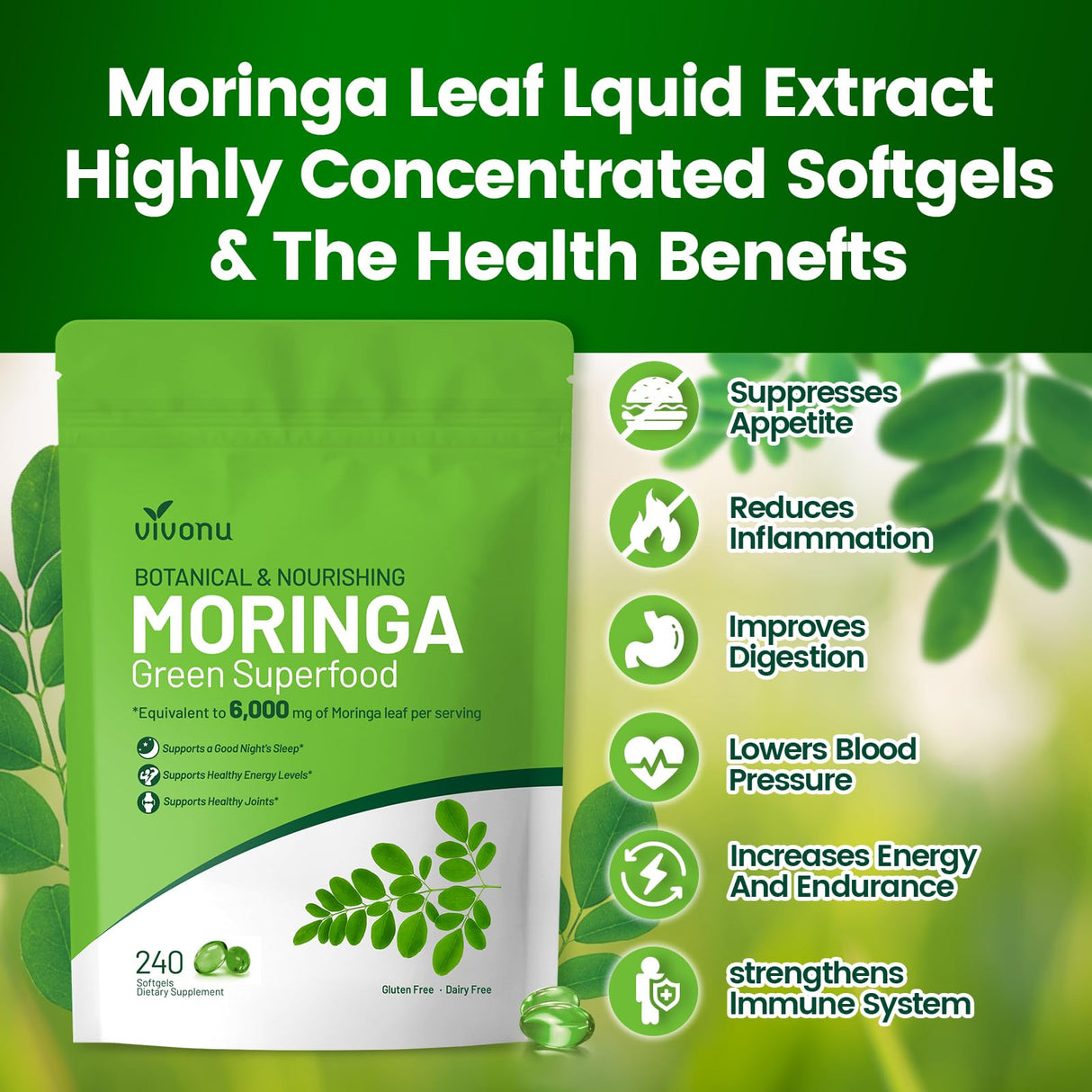 VivoNu Moringa Capsules | Pure Moringa Leaf Extracts, Energy, Skin & Gut Health Superfood, Rich in Antioxidants, Essential Vitamins & Amino Acids, Natural Green Superfood Supplement