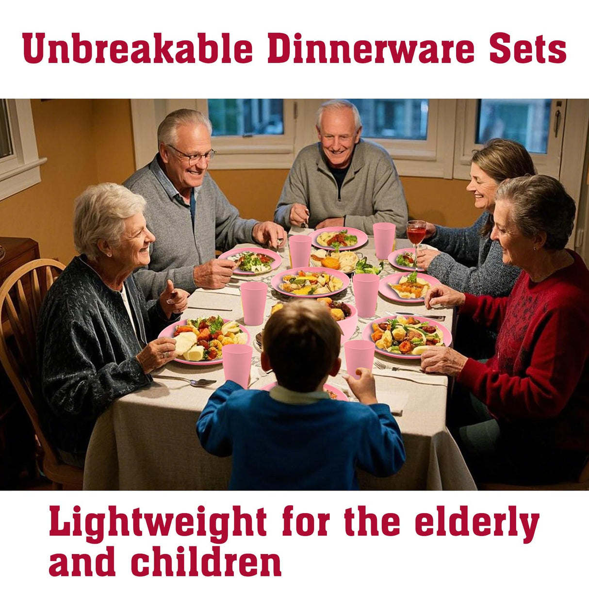 Gudvilla Pink Dinnerware Sets for 8,Pink Plates and Bowls Sets Plastic,Wheat Straw Dinnerware Sets Unbreakable Microwave Safe Lightweight,32 Pcs Christmas Dishes Set for Kids Elderly Kitchen Outdoor