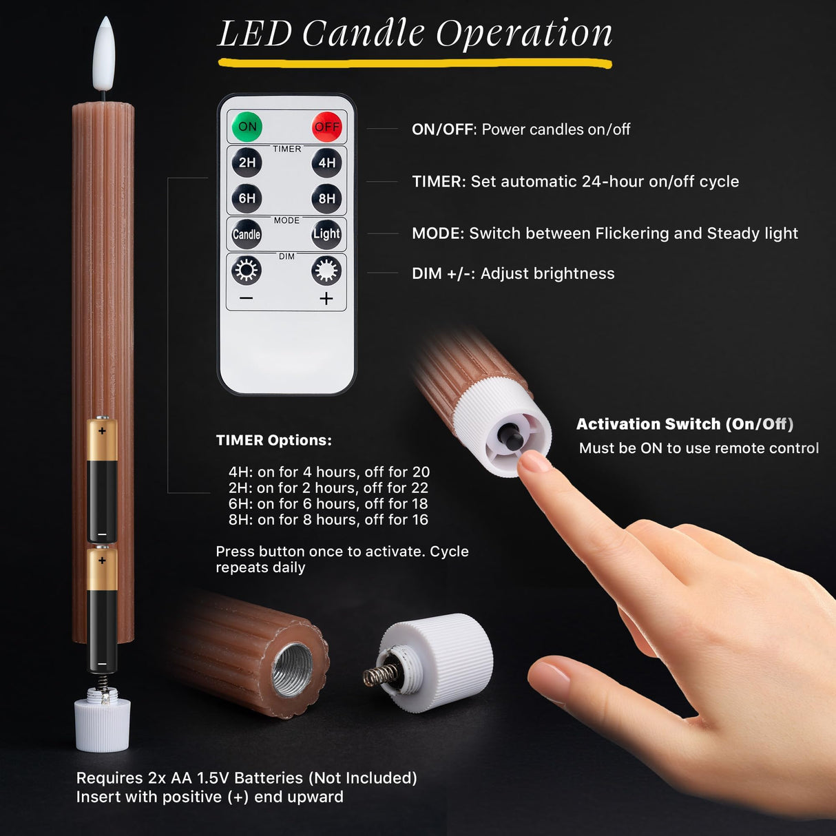 West Ivory 6 Pack, 10" LED Flameless Brown Tan Fluted Ribbed Grooved Taper Candles, Remote & 24h Timer Memory, On/Off Button, Dimmable, Flicker Mode, Battery Operated, Christmas Menorah Wedding