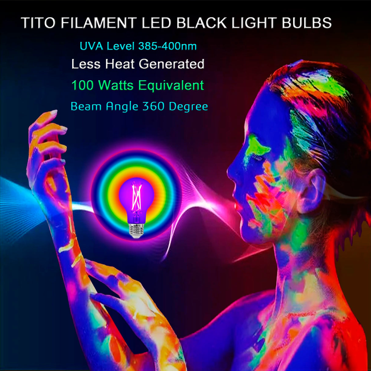 TITO 4 Pack E26 A19 Dimmable Filament LED Black Light Bulbs, UVA 395nm 6W Blacklight Bulb 100W Equivalent, Black Light Bulb Glow in Dark Halloween Christmas Party Fluorescent Posters Decor Display