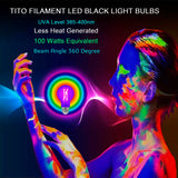 TITO 4 Pack E26 A19 Dimmable Filament LED Black Light Bulbs, UVA 395nm 6W Blacklight Bulb 100W Equivalent, Black Light Bulb Glow in Dark Halloween Christmas Party Fluorescent Posters Decor Display