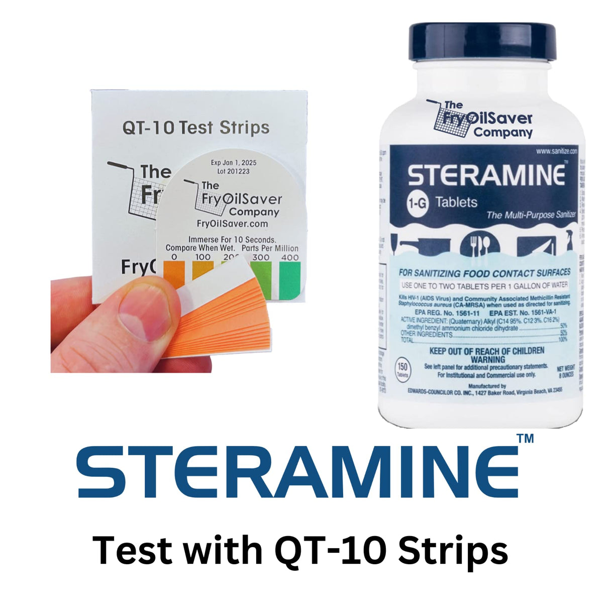 2 Bottles Steramine Sanitizer Tablets - 15x QT-10 Test Strip - Multi Purpose Steramine Sanitizing Tablets for Food Contact Surface in Kitchen, Restaurant & Food Service by FryOilSaver Co. (300 Count)