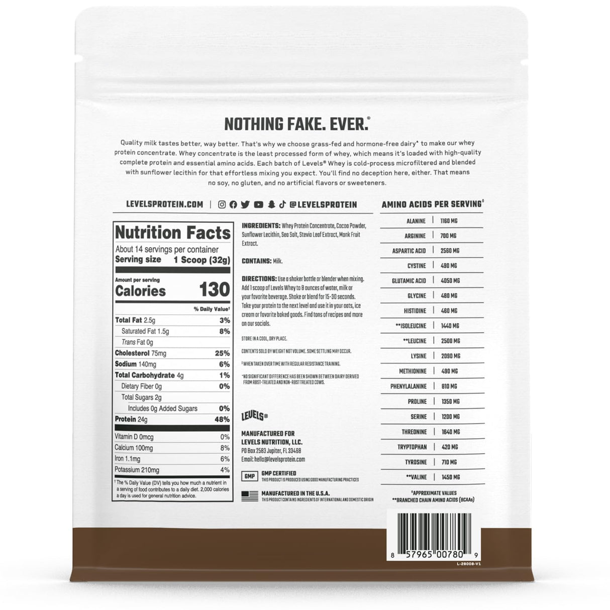 Levels Grass Fed Whey Protein Powder, No Artificials, 24G of Protein, Double Chocolate, 1LB