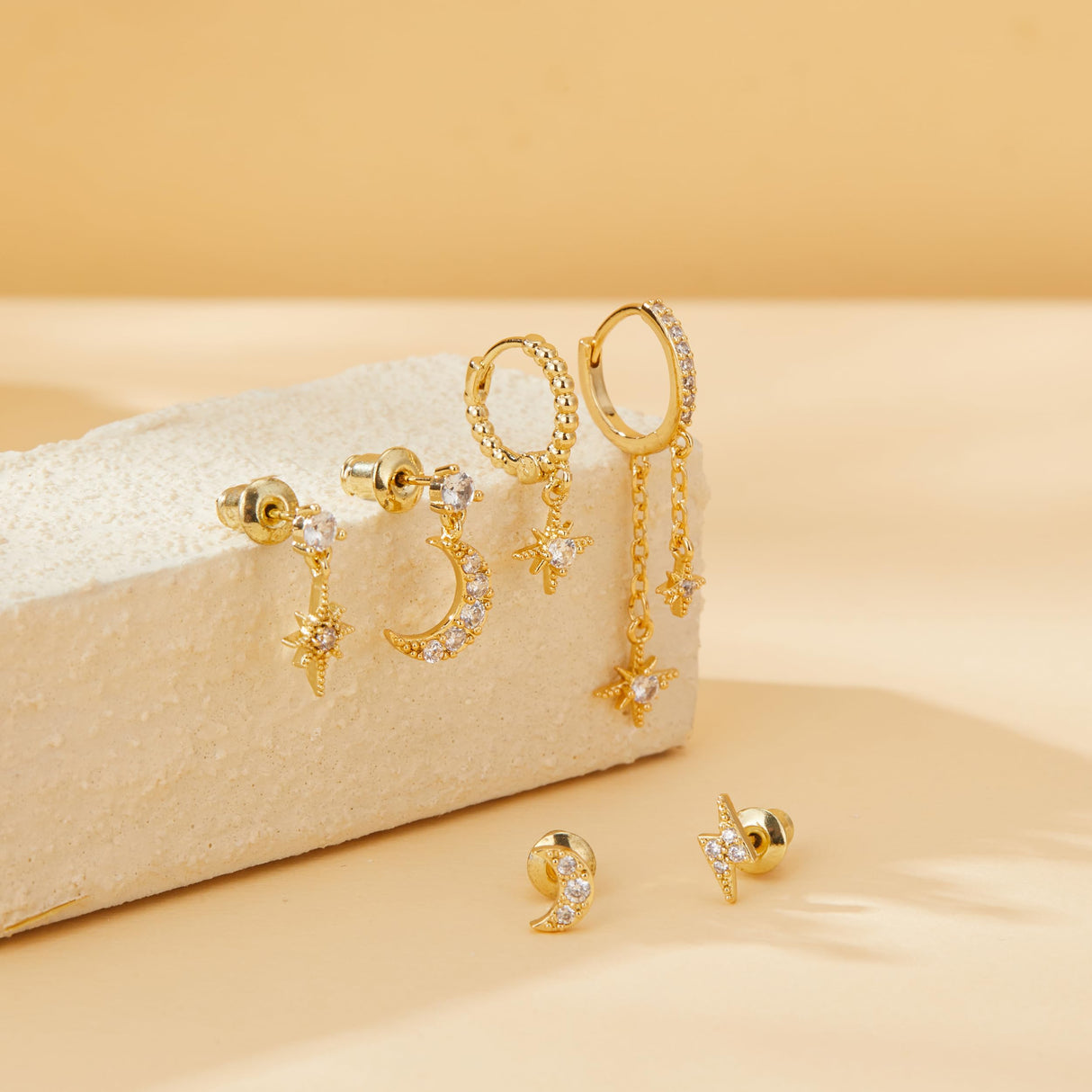 6 Pairs Gold Earrings Set for Women Moon Star Hoop Dangle Dainty Earrings