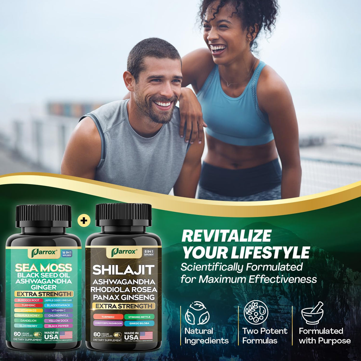 Parrox Shilajit and Sea Moss Bundle, Sea Moss 350mg, Black Seed Oil 200mg, Ashwagandha 100mg, Turmeric, Shilajit 300mg, Rhodiola Rosea 100mg, Panax Ginseng 50mg, Dynamic Vitality Bundle (1 Pack)