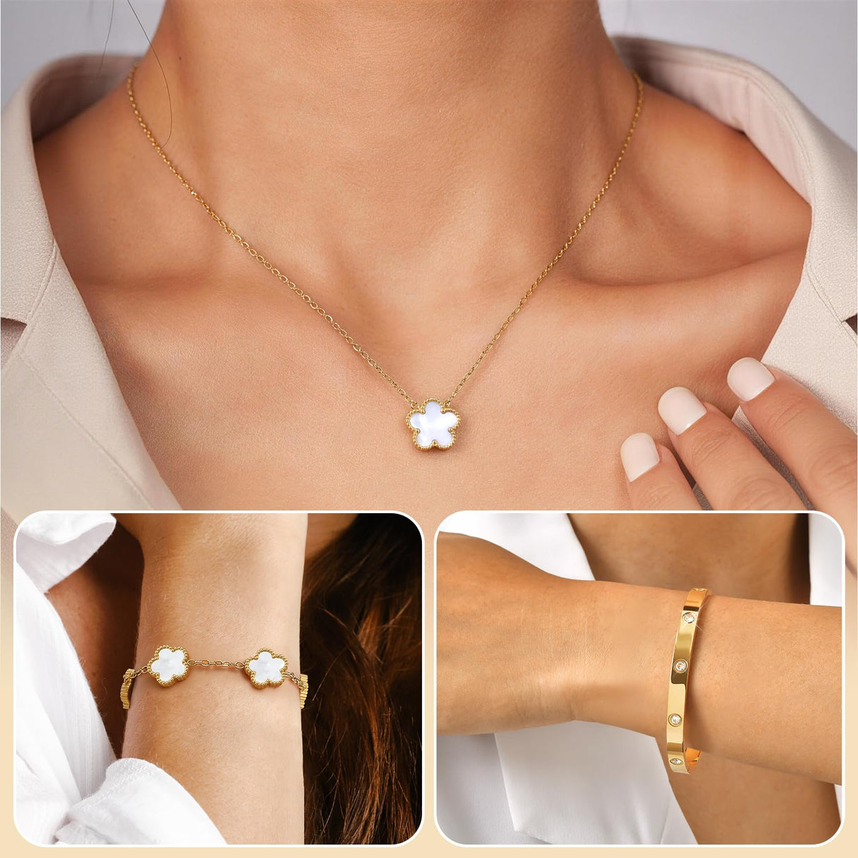 Gold Bracelets Necklace Jewelry Set - 3Pcs 18K Gold Plated Floral Bracelet,Waterproof Stainless Steel Bangles, Non-Tarnish Necklaces Daily Fashion Minimalist Jewelry,Valentines Birthday Gift for Women