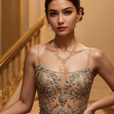 BriLove Women's Wedding Jewelry Set Leaf Flower for Bridal Prom Champagne
