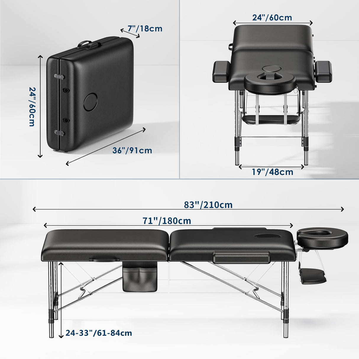 Brelley Massage Table Portable, 2-Fold Lash Bed with Side Pocket, Adjustable Height, Sturdy Aluminum Frame, Esthetician Spa Facial Bed, Tattoo Bed with Face Cradle & Carrying Bag, Black