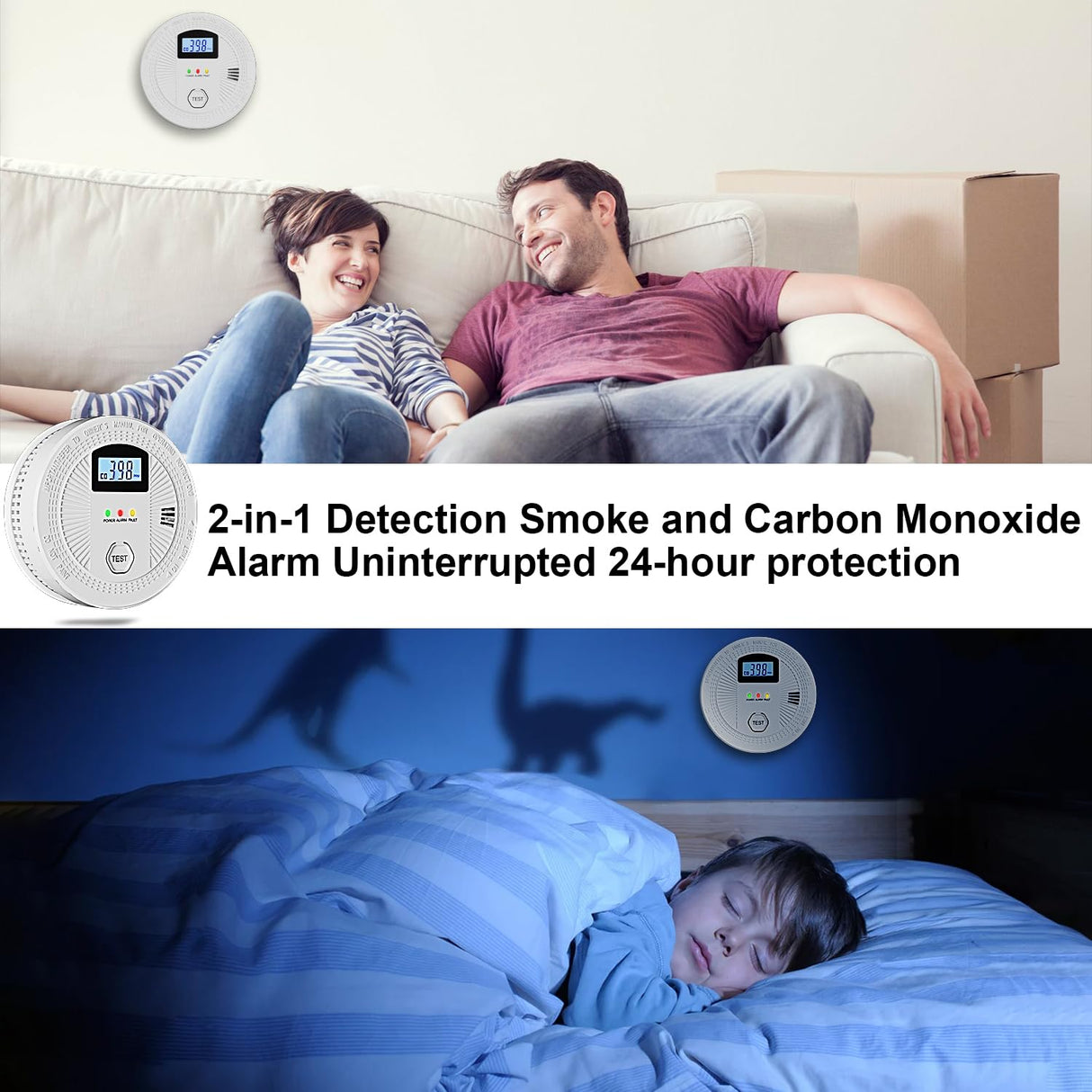 5 Pack Combination Photoelectric Smoke and Carbon Monoxide Alarm Detector with LCD Display; Battery-Operated Smoke Carbon Monoxide Alarm
