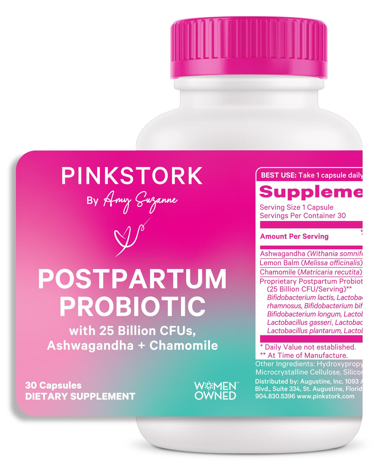 Pink Stork Probiotics for Postnatal Women - 30 Billion CFUS with Ashwagandha and Chamomile, Postpartum Essentials for Hormone Balance, Mood Support, Gut Health, Digestive Wellness, 30 Capsules