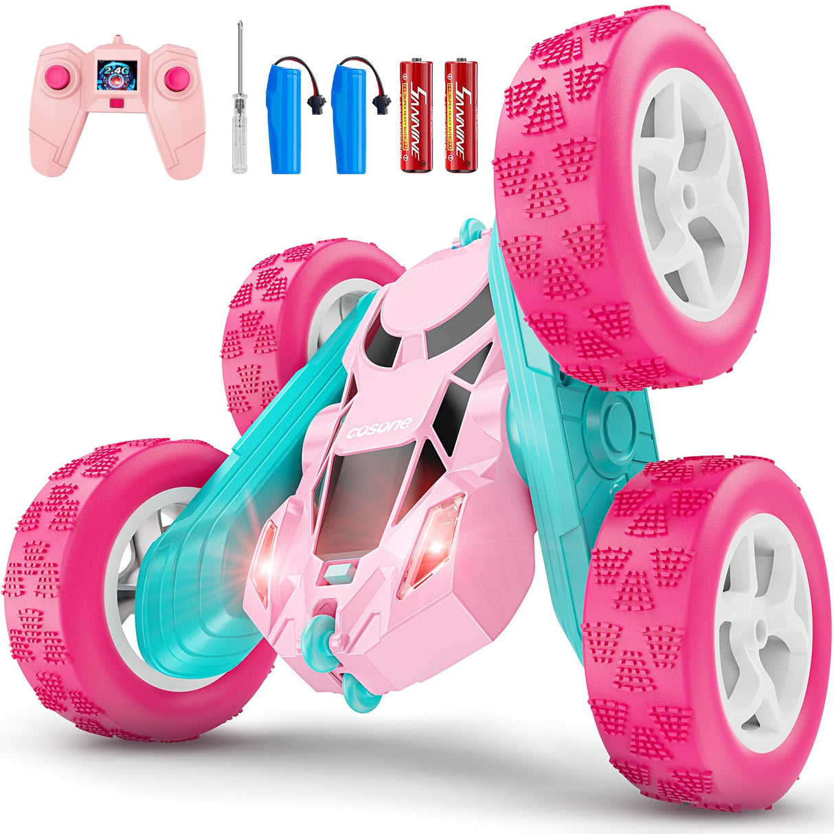 cosone Pink Remote Control Car for Girls - RC Stunt Cars with 4WD Double-Sided Driving 360° Flips Rotating, Off Road Remote Car Outdoor Toys for Kids Age 6 7 8-12, Christmas Birthday Gifts