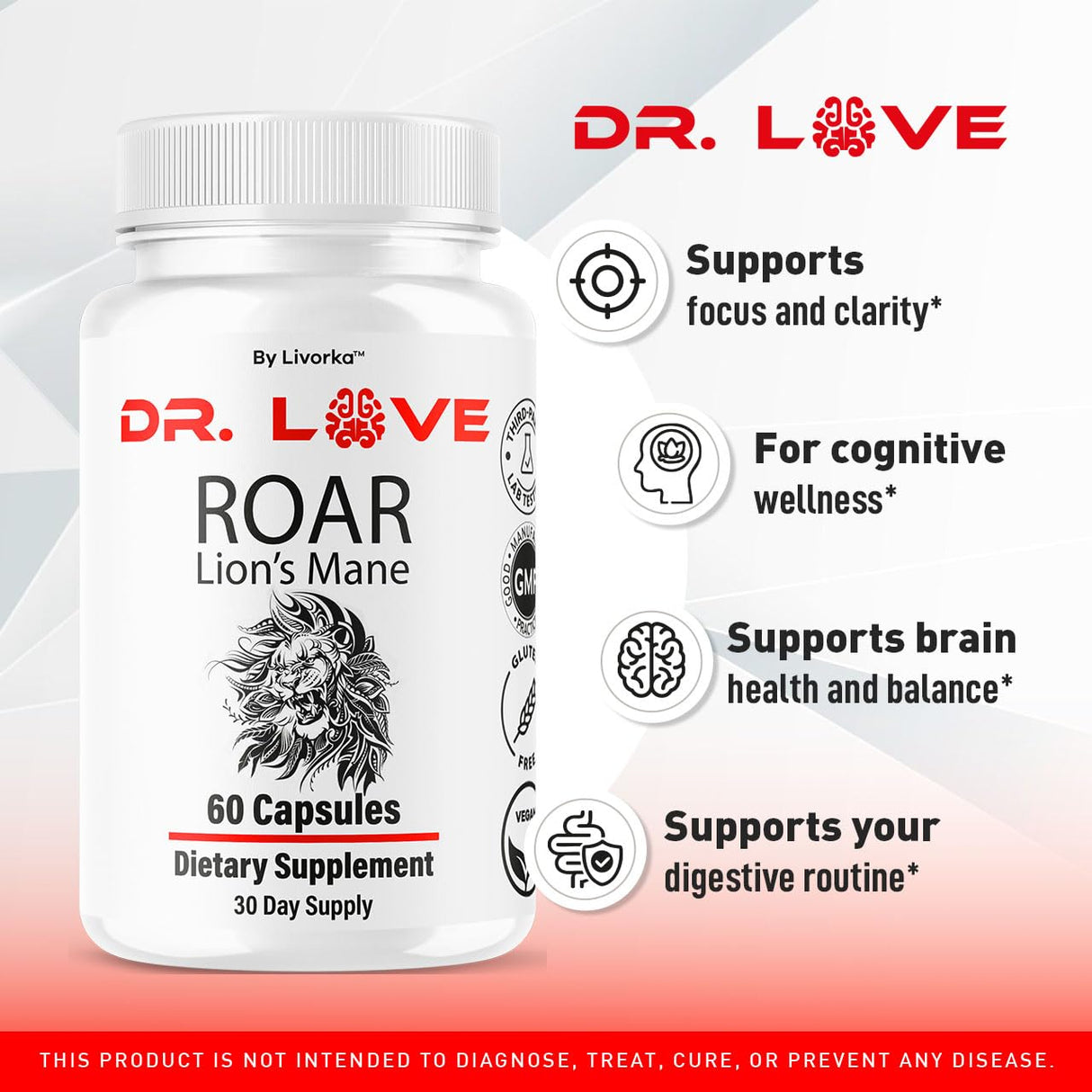 (2 Pack) Dr. Love Roar Lions Mane Supplement Capsules, Dr. Love Roar Lion’s Mane Plus Brain and Focus Premium Advanced Formula, Doctor Love All Natural Support Pills, 120 Capsules for 2 Months