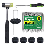 Landscape Staples 50 Pack, 6 Inch 11 Gauge Heavy Duty Galvanized Garden Staples with 50pcs Fixing Washers, Rubber Mallet & Hook Remover, U Shaped Weed Barrier Stakes for Sod, Turf and Lawn