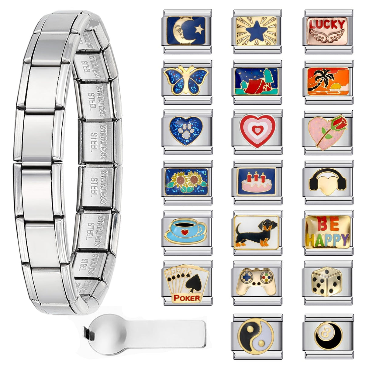 Double Fair Silver Italian Charm Bracelet with 20 Interchangeable Charms (Moon, Stars, Wings, Poker) + Opener, DIY Adjustable Stainless Steel Bracelet for Women & Men