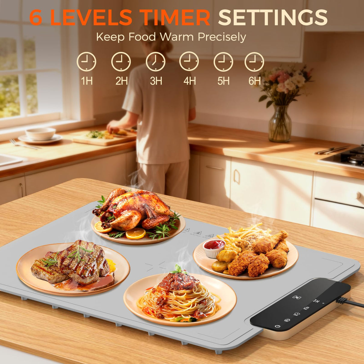 Warming Mat for Food -IPX9 Waterproof Electric Food Warming Tray for Buffet(24"x16"), Portable Countertop Food Warmers for Parties, Dishasher-Friendly, 6-Level Temp 6-Hour Timer, Gray