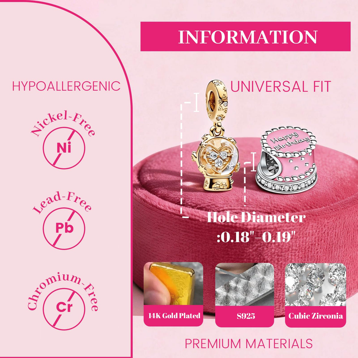 Amuefer 14K Gold Plated Sparkling Pavé Lines Clip Charms for Bracelets 925 Sterling Silver with Cubic Zirconia Spacer Bead Birthday Christmas Jewelry Gifts for Women(2 Pcs)