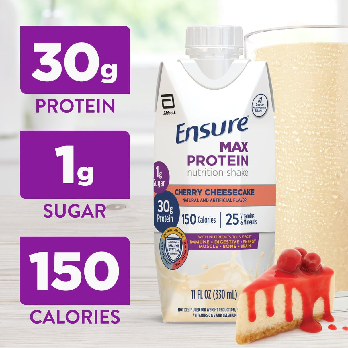 Ensure Max Protein Shake | Cherry Cheesecake | Ready to Drink | 30g Protein for Muscle Health | 1g Sugar, 4g Fiber | 11 fl oz, 12 Pack