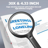 30X Charge Magnifier with Light, NUEYiO 4.33Inch Large Handheld Magnifying Glass with Light, 20 Daylight LEDs & Third Gear Dimming Lighted Magnifying Glass for Seniors Reading Inspection Coin Jewelry