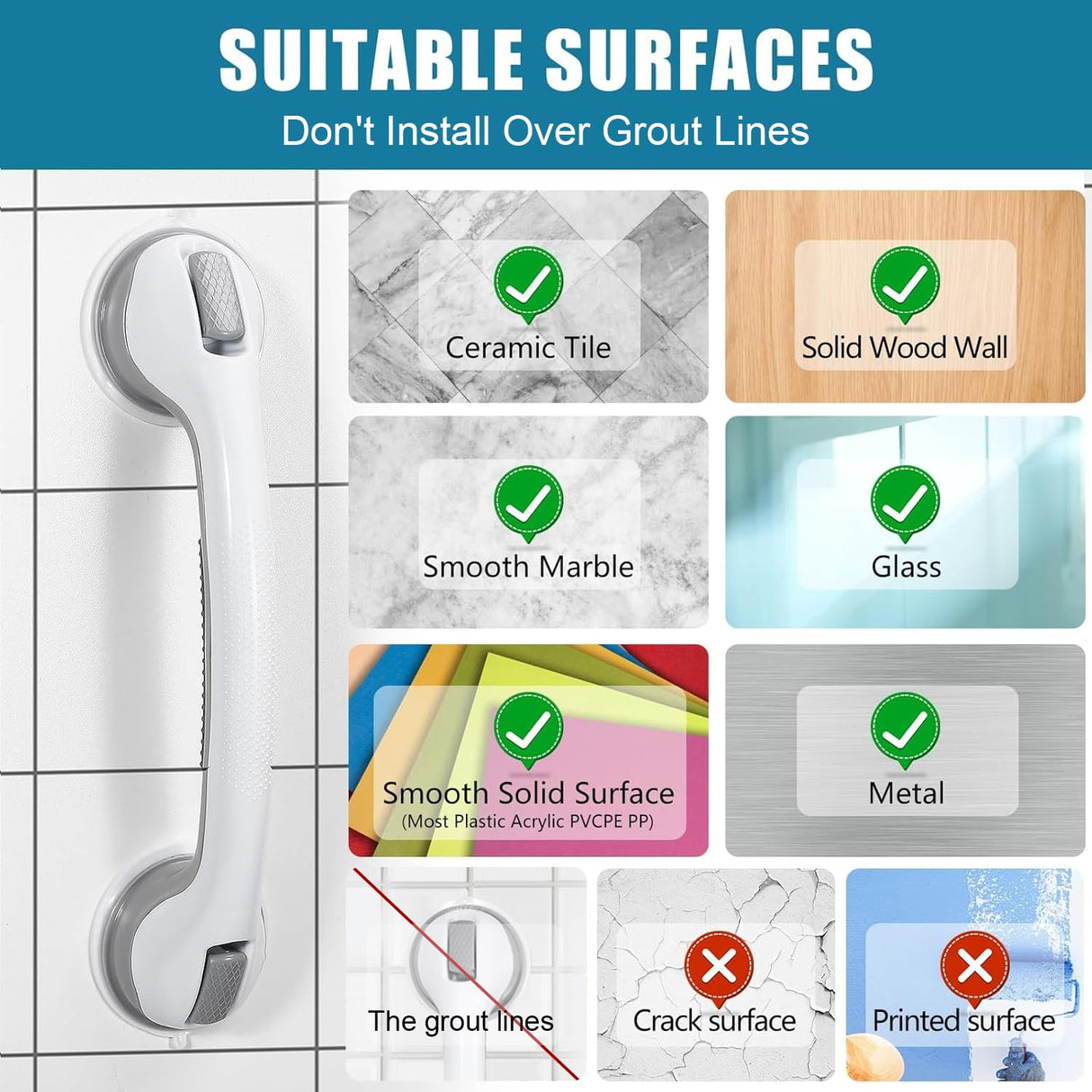 Reyiu Grab Bars for Bathtubs and Showers, 16 Inch Shower Handle Heavy Duty Suction Cup Grab Bars for Shower Chair, Bathroom Safety Bar for Elderly 2 Pack