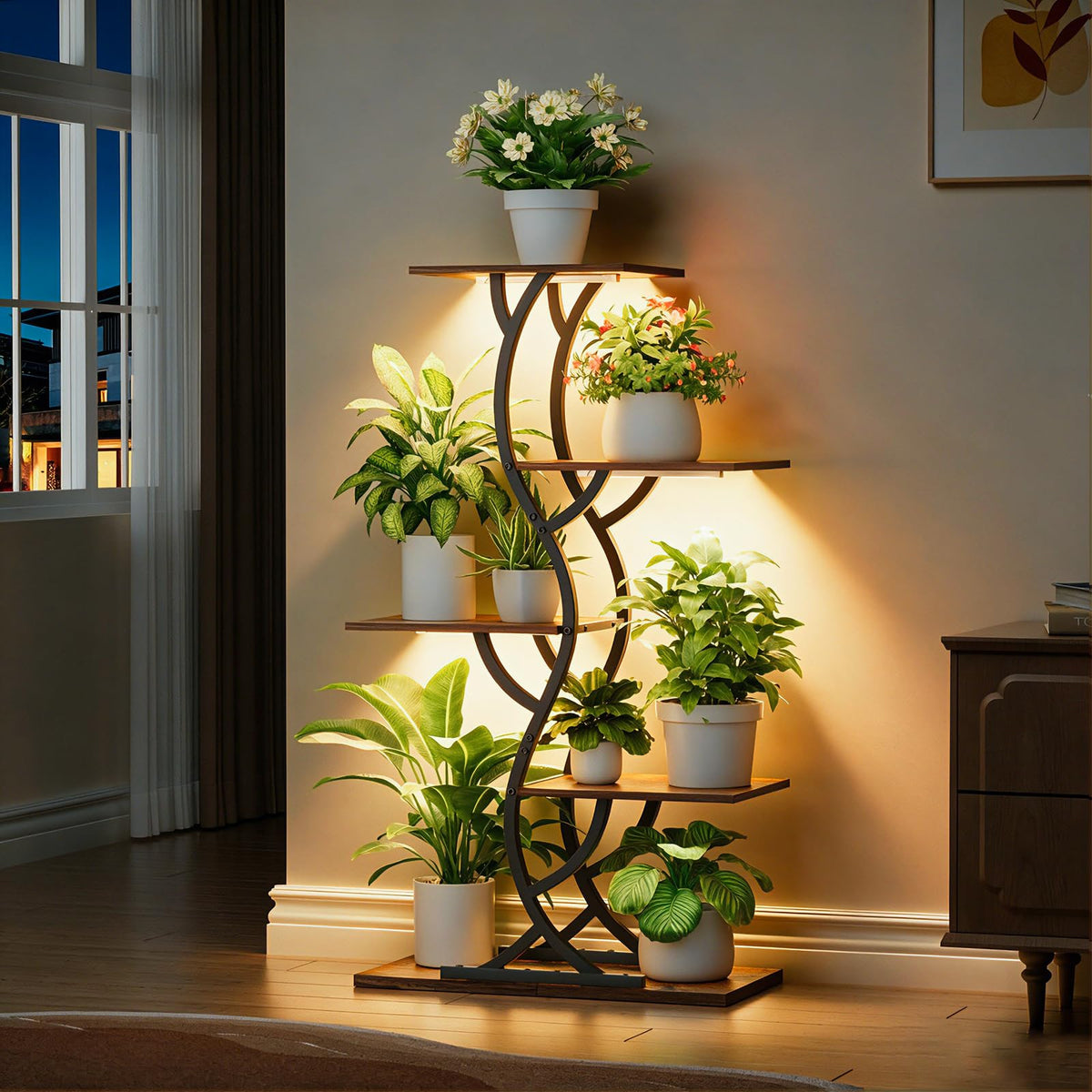 Plant Stand Indoor with Grow Lights - 5 Tiered Corner Plant Shelves (Brown)