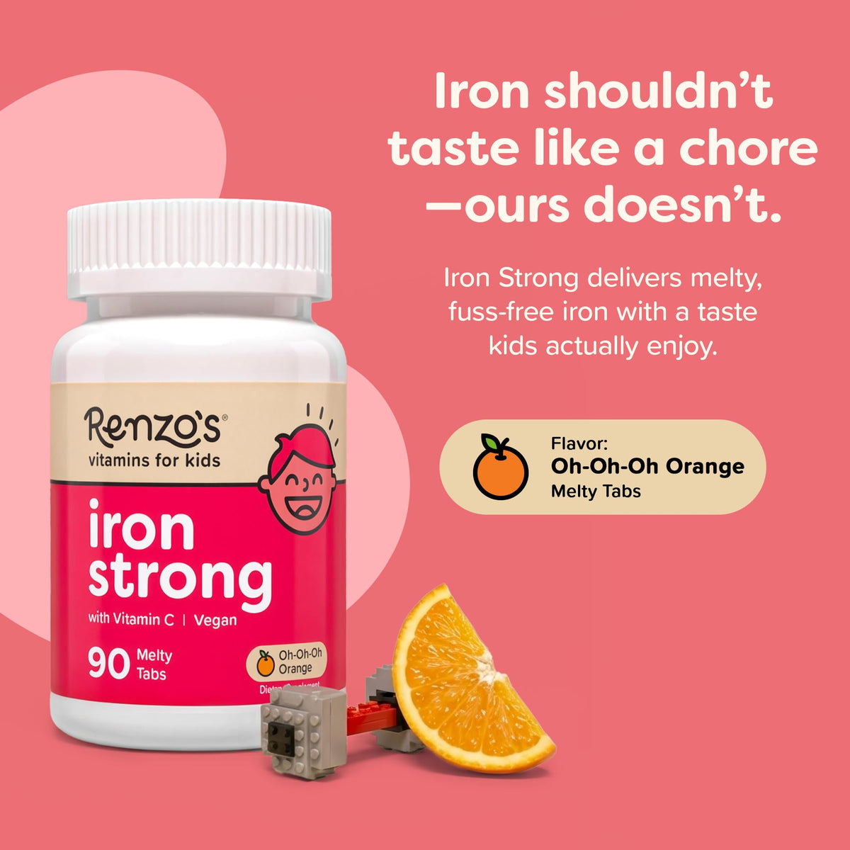Renzo's Iron Supplements for Kids, Dissolvable Vegan Kids Iron Supplement with Vitamin C, Sugar-Free Melty Tabs, Orange Flavor, 90-Count