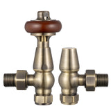 VANCOCO Traditional Angled Radiator Valves 1/2"×15mm, Brass Thermostatic Valve with Solid Wood Handwheel, Cast Iron Antique TRV Pair (Antique Brass)