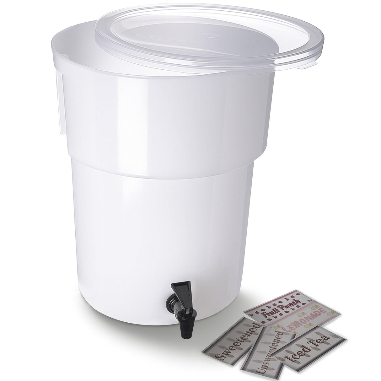 Carlisle FoodService Products Round Beverage Dispenser Drink Dispenser with Spigot for Catering, Plastic, 5 Gallons, White