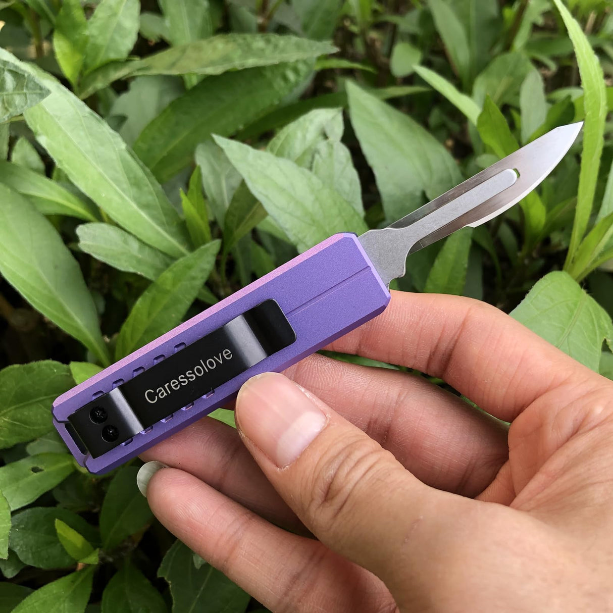 Caressolove Automatic Utility Knife, Safety Black Box Cutter Retractable, EDC Push Button Knife, Exacto Scalpel Knife, 10PCS #23 Razor Blades Pocket Knife with Clip (Purple)