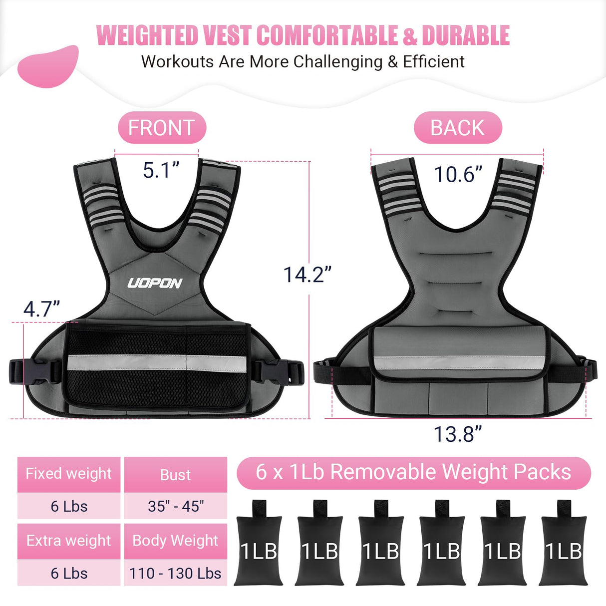 Adjustable Weighted Vest for Women, 6-12 Lbs Rucking Vest with 6 Ironsand Weights, Best Weighted Vest with Plus Pockets & Reflective Strips for Running, Walking, Workout and Strength Training