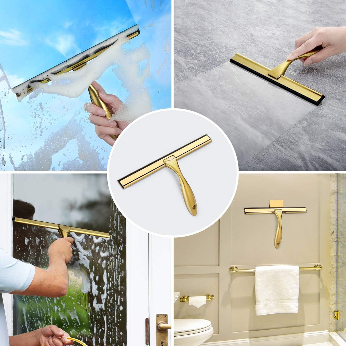 HIWARE All-Purpose Shower Squeegee for Shower Doors, Bathroom, Window and Car Glass - Brass, Stainless Steel, 12 Inches