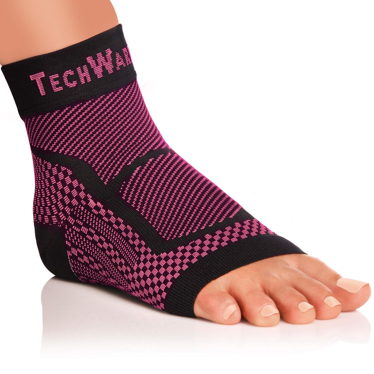 TechWare Pro Ankle Brace Compression Sleeve - Relieves Achilles Tendonitis, Joint Pain. Plantar Fasciitis Foot Sock with Arch Support Reduces Swelling & Heel Spur Pain. (Black/Pink, L/XL)