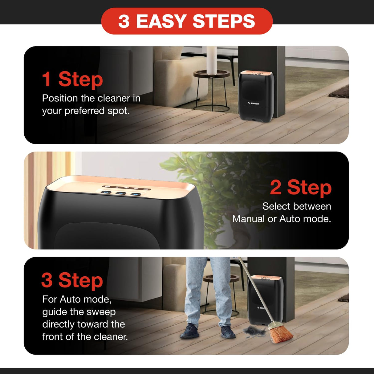 Gearwiz Touchless Automatic Electric Vacuum Dustpan with Nozzle Attachment – Hands-Free, Multi-Mode Floor Cleaner for Professional Use