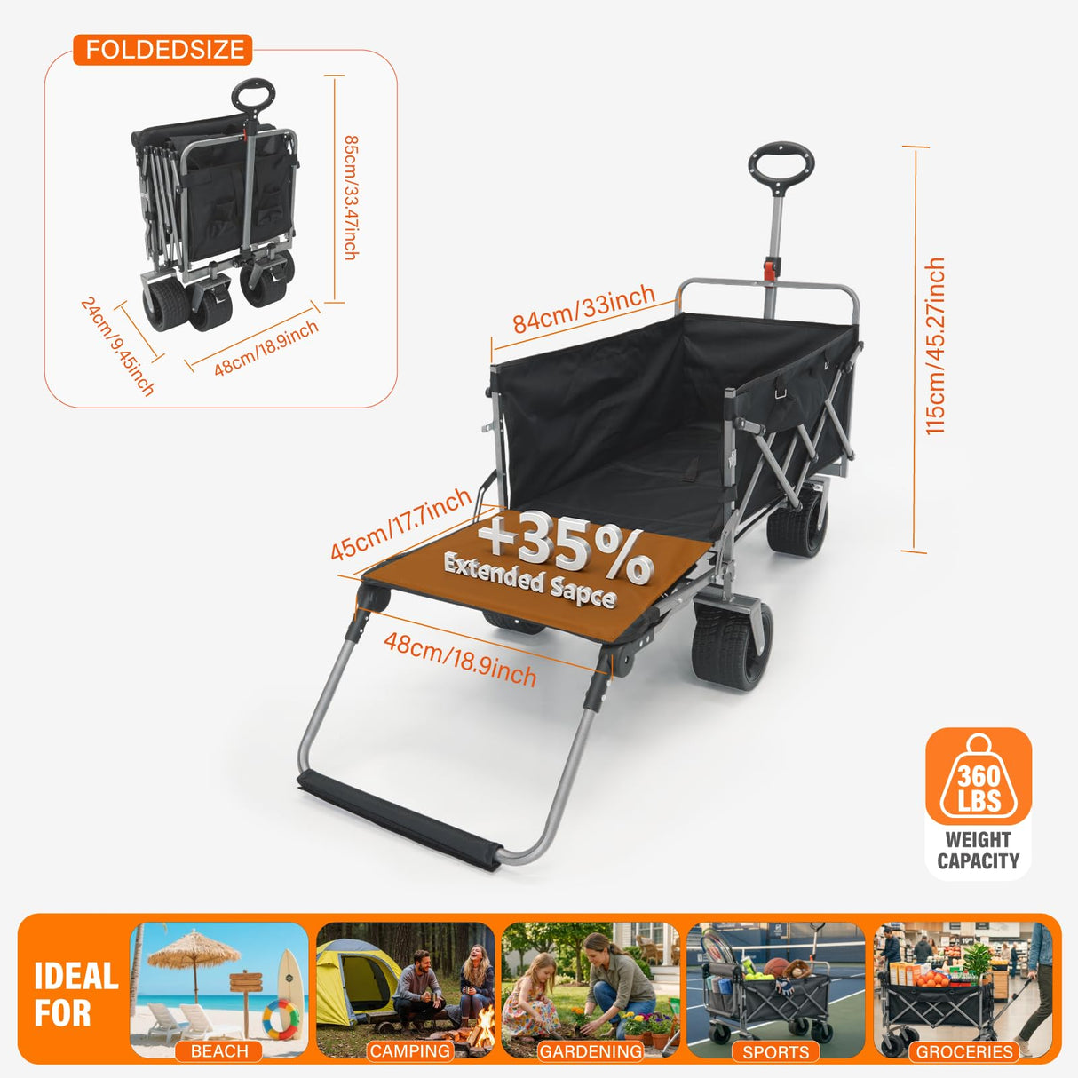 Collapsible Push & Pull Wagon with Drop Down Tailgate, 360lbs Heavy Duty Folding Shopping Cart with Big Wheels & Brakes for Sports, Groceries, Camping
