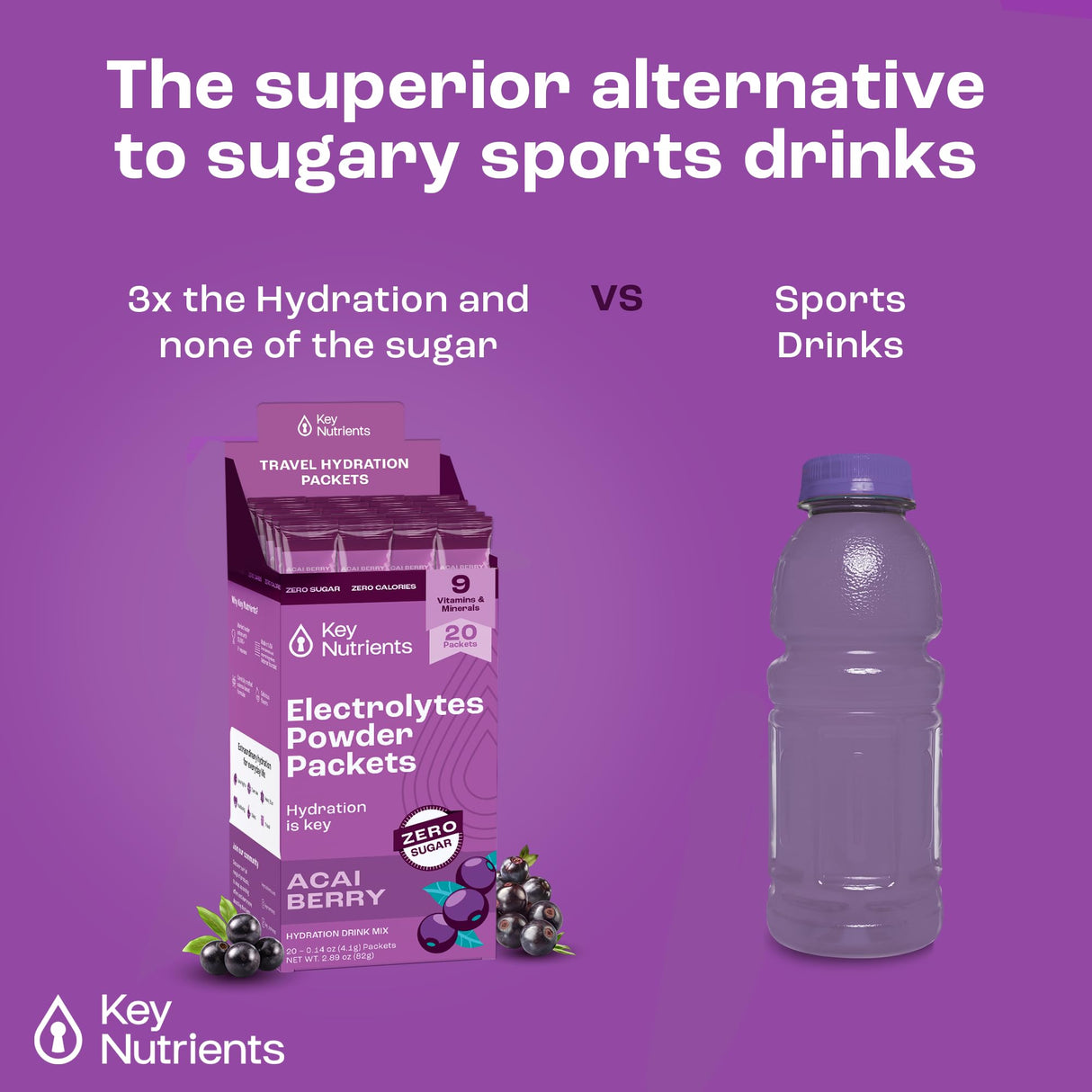 KEY NUTRIENTS Multivitamin Electrolytes Powder Packets - Delicious Acai Berry 20 Pack Hydration Packets - Travel Hydration Powder - No Sugar, No Calories, Gluten Free - Made in USA