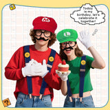 QRT Super Bros Costume Kit with Hat, Mustaches, Suspenders, Gloves Buttons ang Glasses frame for Halloween, Cosplay and Christmas (red&green)