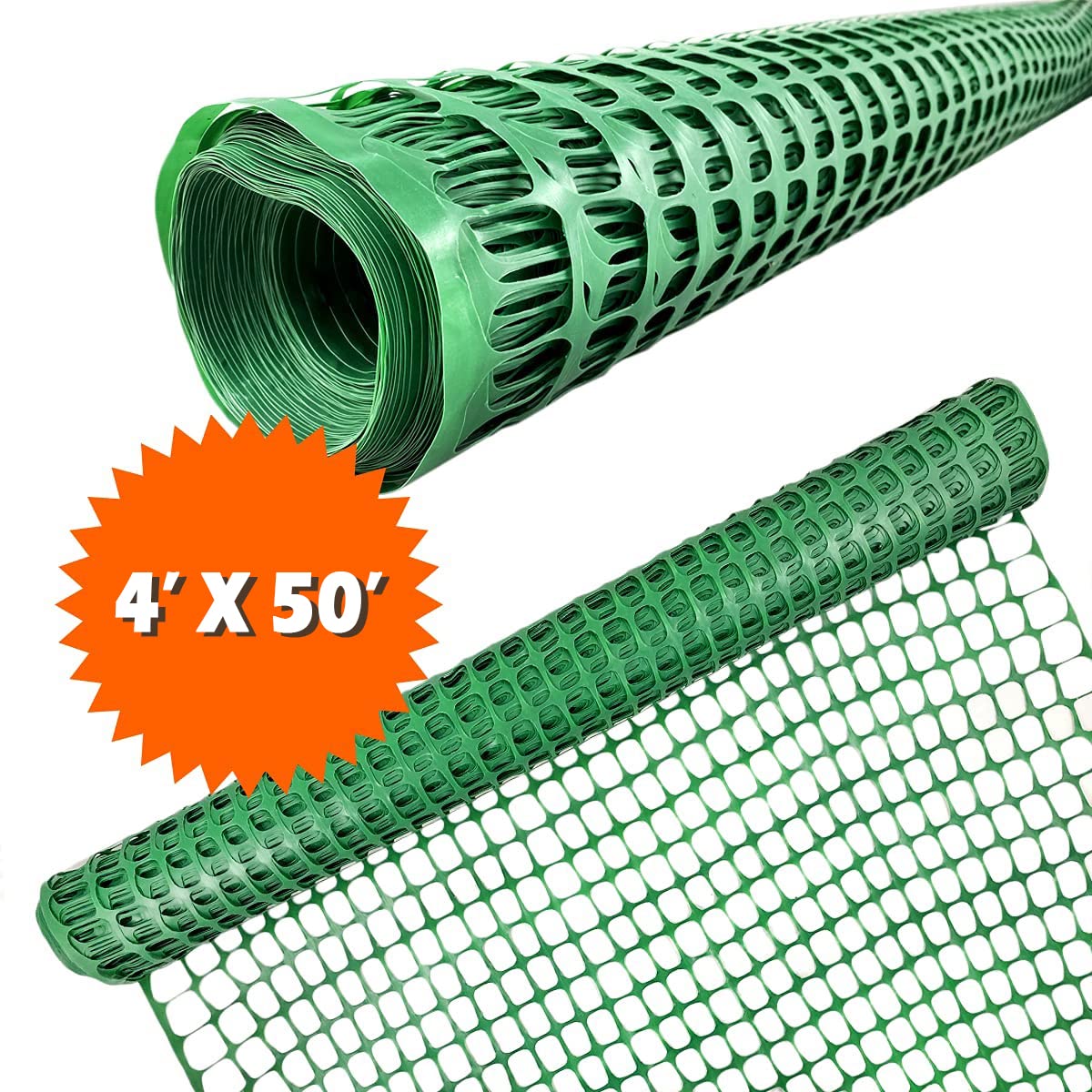 Ashman Plastic Mesh Fence, 4'x50' Feet, 1 Roll, Green, Construction Barrier Netting, Garden Fencing, Fences Wrap, Above Ground, for Snow, Poultry, Chicken, Deer, Patio, Garden Netting, Green 50FT.