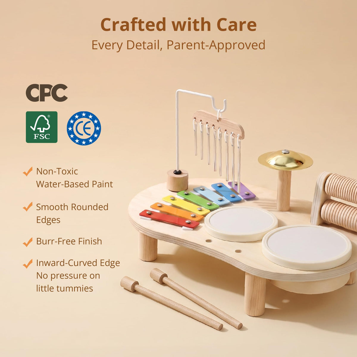 Wooden Drum Set for Toddlers 1-3, Montessori Musical Toy for Kids