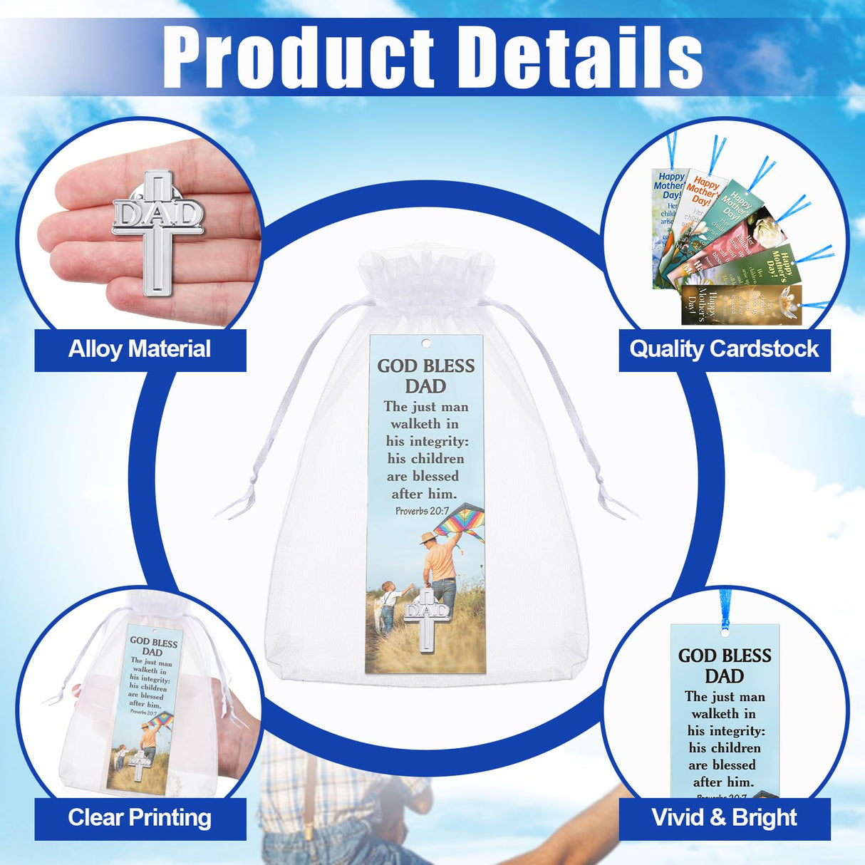Supervitae 24 Pcs/ 12 Sets Father's Day Bookmark Gifts Bulk God Bless Dad Lapel Pin with Bookmark Gift Set, Include 12 Proverbs 20: 7 Christian Bookmarks 12 Cross Dad Pin for Religious Church Prizes