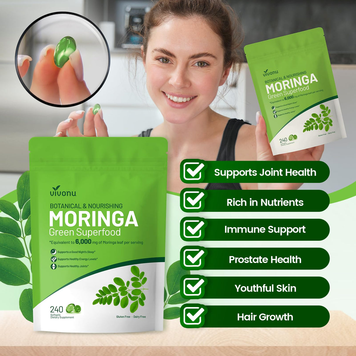 VivoNu Moringa Capsules | Pure Moringa Leaf Extracts, Energy, Skin & Gut Health Superfood, Rich in Antioxidants, Essential Vitamins & Amino Acids, Natural Green Superfood Supplement
