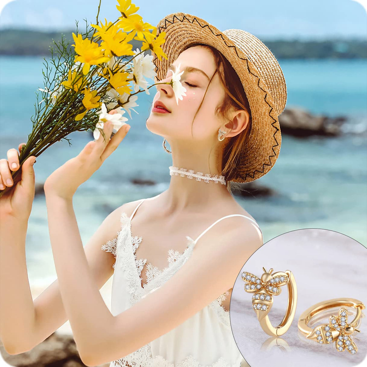 18K Gold Bee Earrings for Women, Hypoallergenic Stud with Cubic Zirconia, Hoop Earrings for Women, Gold/Silver Colors