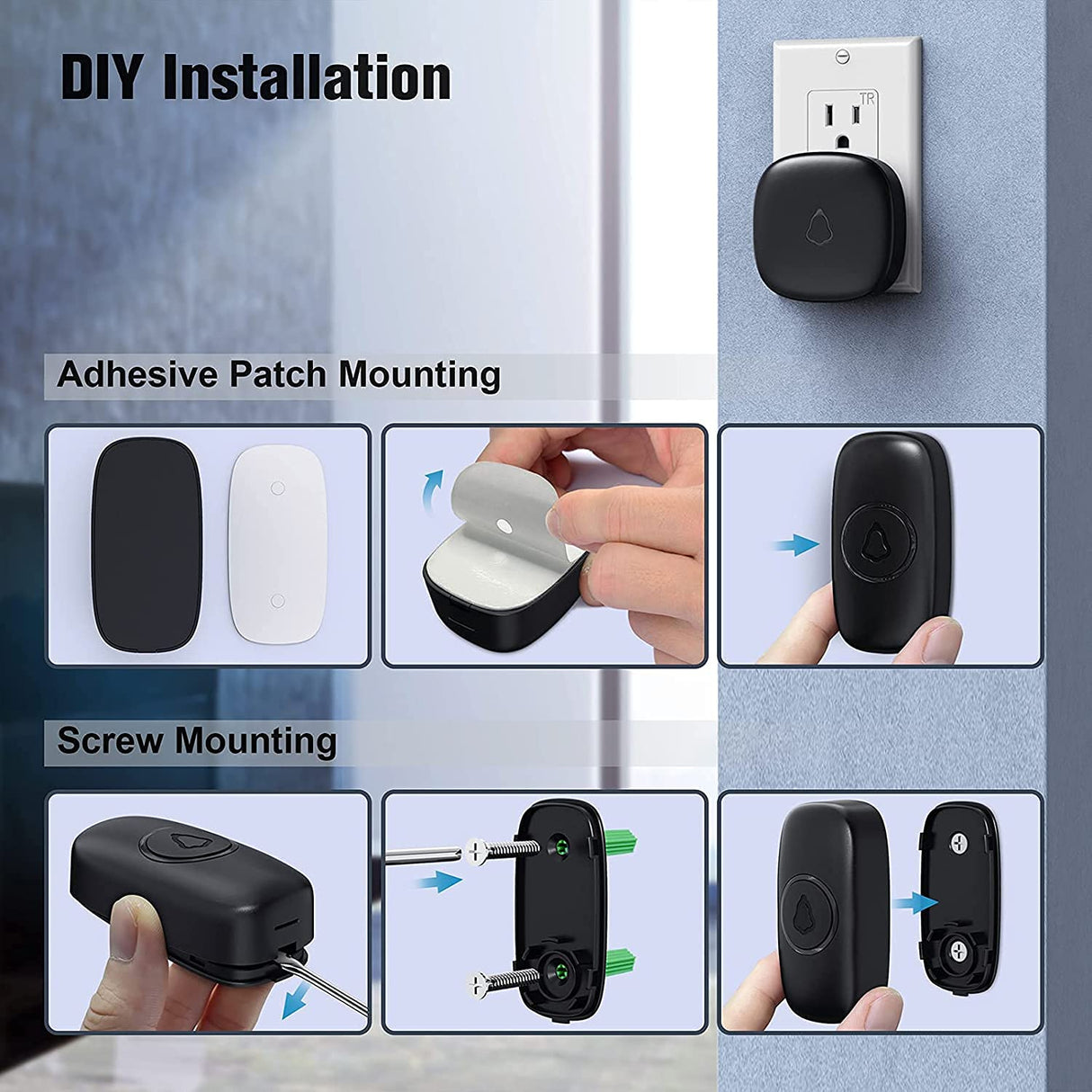 SECRUI Wireless Doorbell with 3Receivers 2 Push Buttons, Easy installation, Adjustable Volume, 58 Chimes, Colorful LED, 1000Ft Range, M520+F55, Black