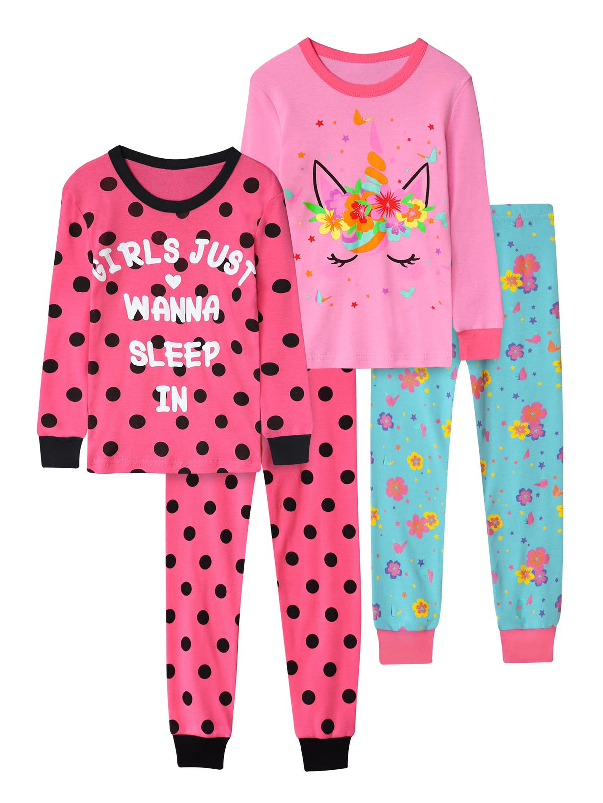 Vopawetty Girls 4-Piece Pajamas Cotton Christmas Pjs Set Kids Sleepwear (Pink Unicorn/Red Dots, 8)