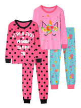 Vopawetty Girls 4-Piece Pajamas Cotton Christmas Pjs Set Kids Sleepwear (Pink Unicorn/Red Dots, 8)